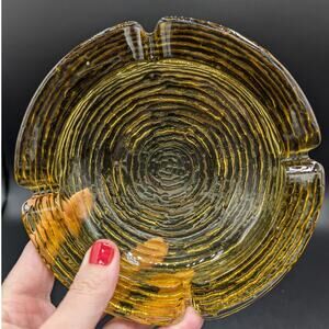 Vintage Anchor Hocking Ashtray Amber Yellow Bark Glass Round Soreno 6" READ